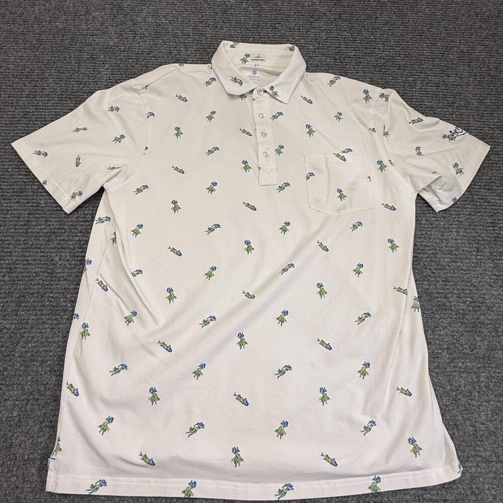 Johnnie-O Polo Shirt Mens XL White Hawaiian Hula Girl Print Hangin' Out Stretch